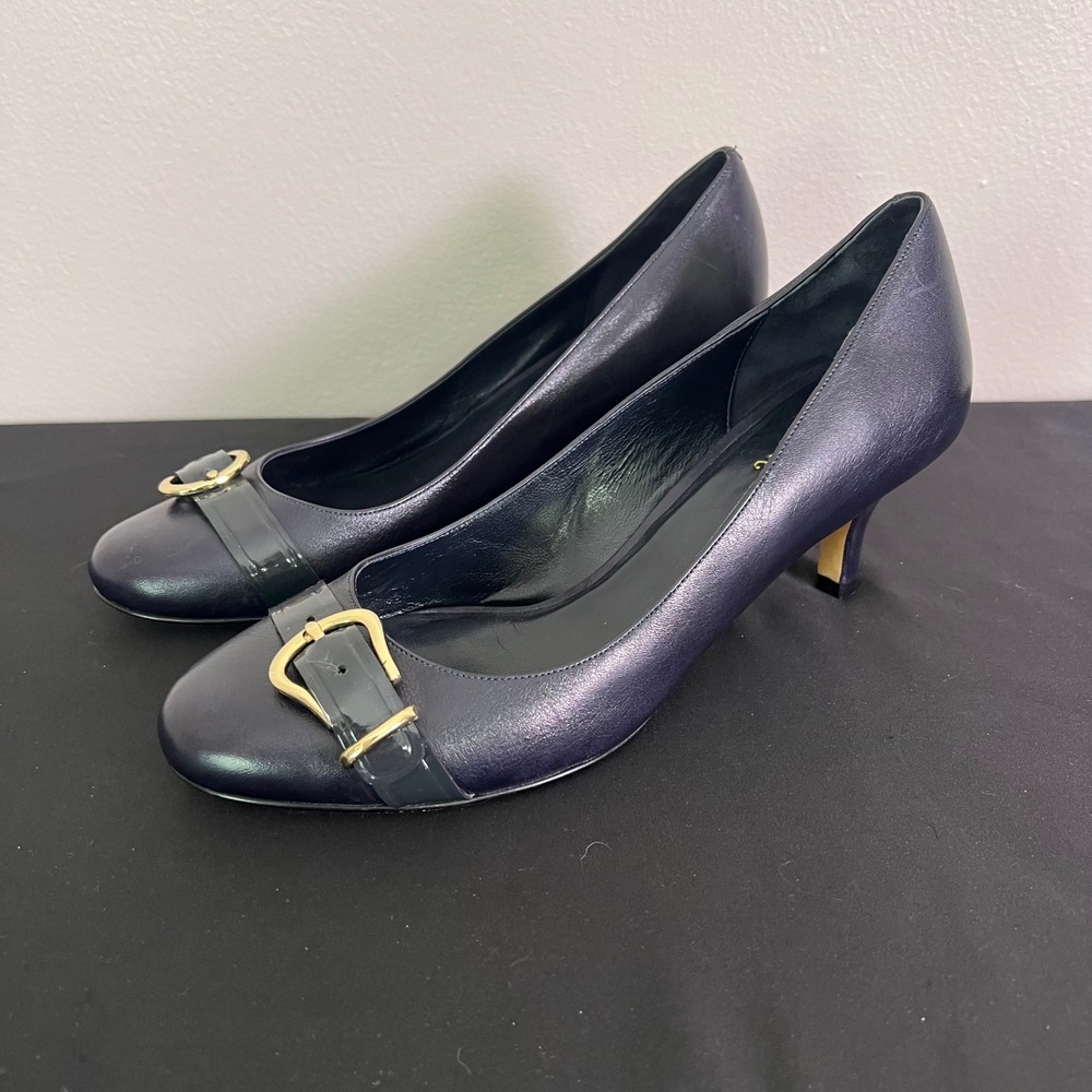 Cole Haan Nike Air Pumps 10.5 Navy Blue Leather Kitten Heel Buckle Office Luxury - Picture 2 of 10